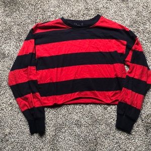 Red and navy blue striped crop top long sleeve